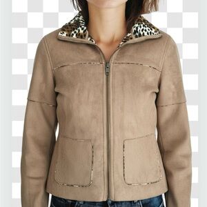 Vintage E Studio Tan faux -suede Bomber/Jacket S Leopard Print Lining pockets